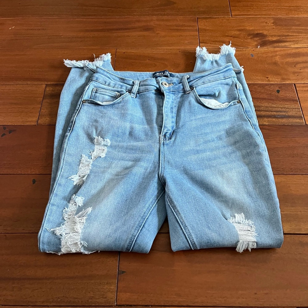 WOMENS WAX DISTRESS JEANS SZ 7/28